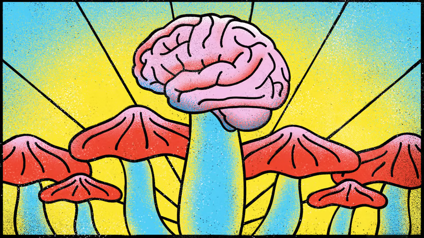 Illustration of a human brain sprouting from vibrant red magic mushrooms against a radiant yellow background, symbolizing the link between mushrooms and mental health 🌞🍄🧠.