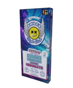 Smiles High Club Magic Mushroom Dark Chocolate Bar packaging featuring a colorful galaxy background and smiling winged logo.