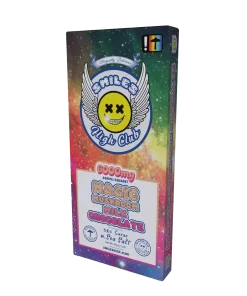 Smiles High Club Magic Mushroom Milk Chocolate Bar packaging featuring a colorful galaxy background and smiling winged logo.