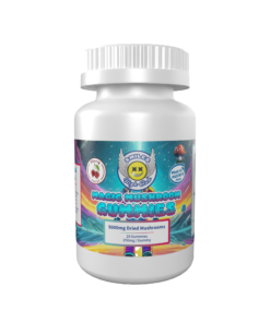 Smiles High Club Magic Mushroom Gummies - 5000mg dried mushrooms in a vibrant and colorful bottle with Cherry Chill and Sharing Mushroom Vibes labels.