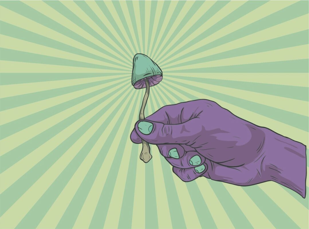 Illustration of a purple hand holding a psychedelic mushroom with a green and purple color scheme, set against a radiant green sunburst background.