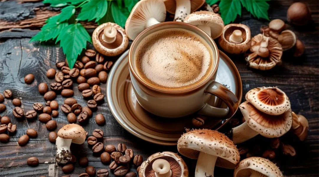 A cup of mushroom coffee surrounded by coffee beans and various mushrooms on a rustic wooden table with fresh green leaves.