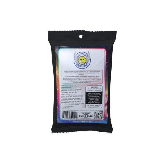 Smiles High Club Magic Mushroom Spores – Back of package with usage instructions, legal disclaimer, and research guidelines for the Orisa India strain.