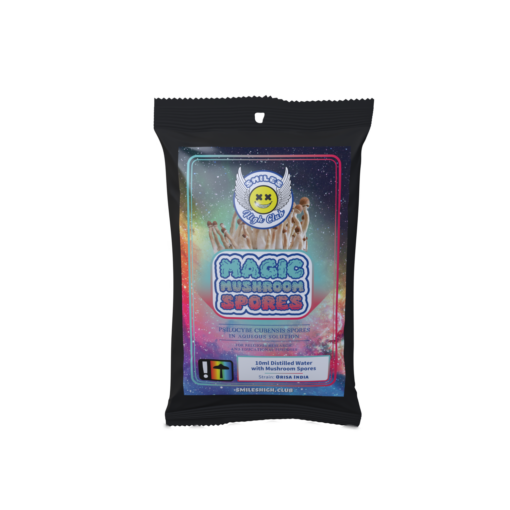 Smiles High Club Magic Mushroom Spores – Orisa India Strain. A premium 10ml spore syringe in aqueous solution, featuring vibrant cosmic-themed packaging.