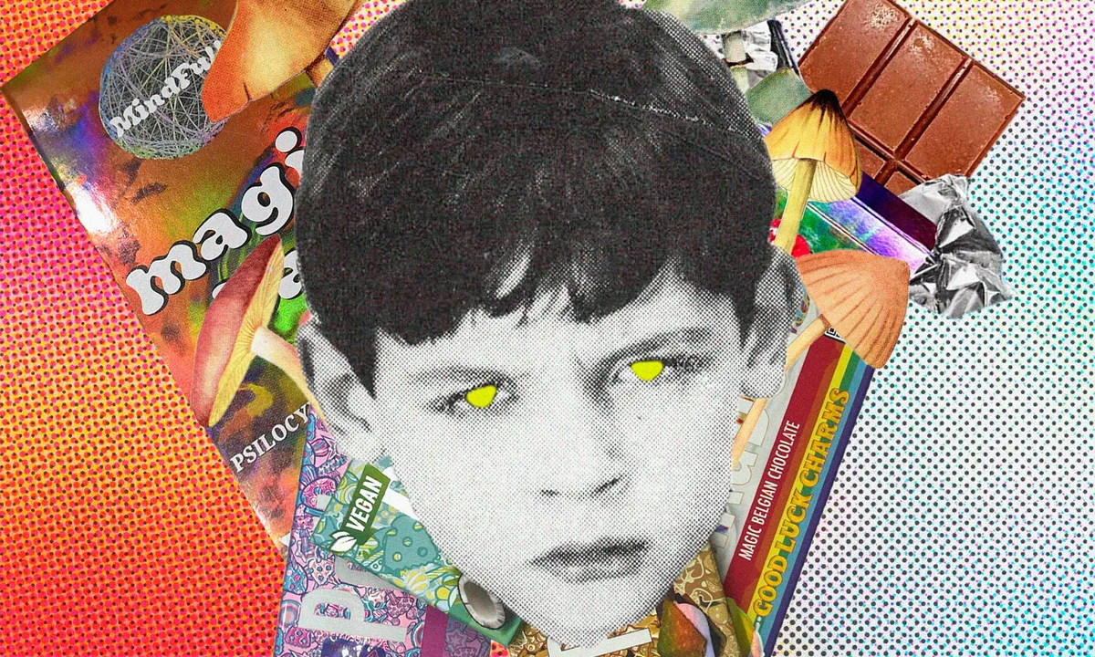 A psychedelic collage featuring a black-and-white portrait of a boy with glowing yellow eyes, surrounded by magic mushroom products, chocolate bars, and trippy visuals.