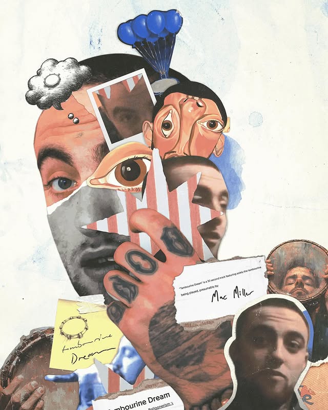 Mac Miller collage with celebrity references, drug use symbolism, balloons, tattoos, and musical elements like 'Tambourine Dream' on a light background