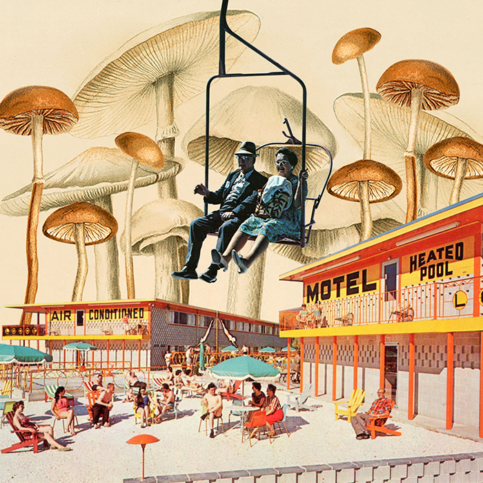 A surreal collage featuring a vintage motel scene with oversized psychedelic mushrooms and a couple on a ski lift floating above.