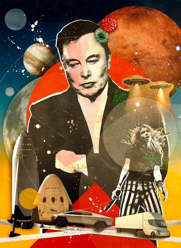 Elon Musk collage with celebrities, drug use references, SpaceX rocket, Tesla Cybertruck, and cosmic elements like Mars, Jupiter, and UFOs in a vibrant starry background.