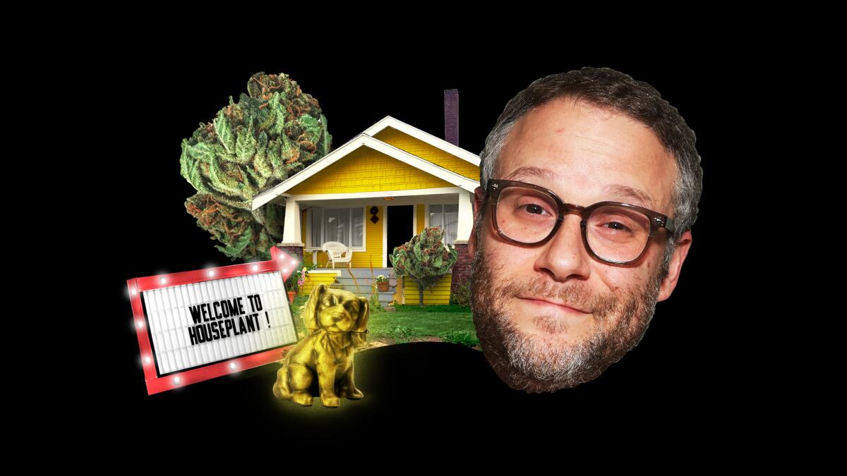 Seth Rogen Houseplant collage with cannabis plants, yellow house, golden dog statue, and 'Welcome to Houseplant!' sign on a black background, symbolizing celebrity cannabis culture