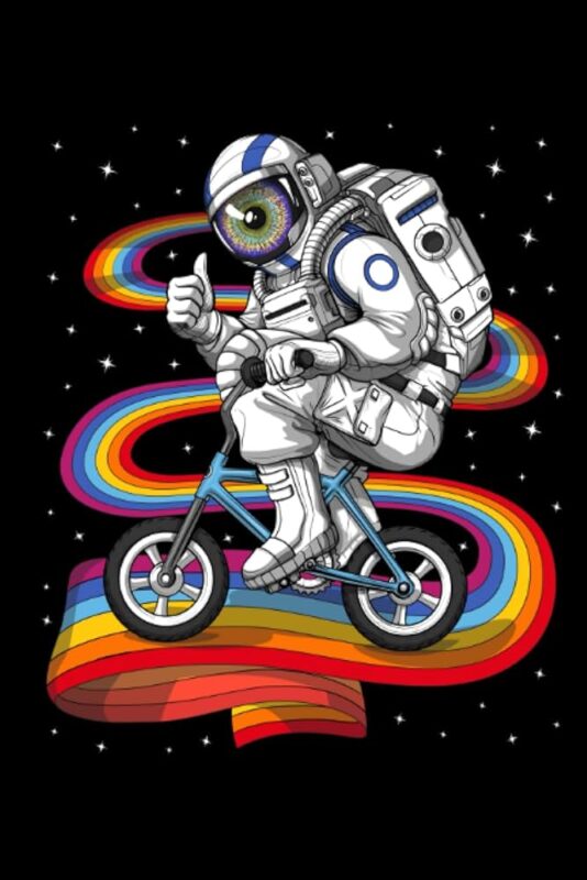 Psychedelic illustration of an astronaut riding a bicycle on a rainbow trail in space, featuring a colorful eye on the helmet, symbolizing a psychonaut’s cosmic journey with magic mushrooms.