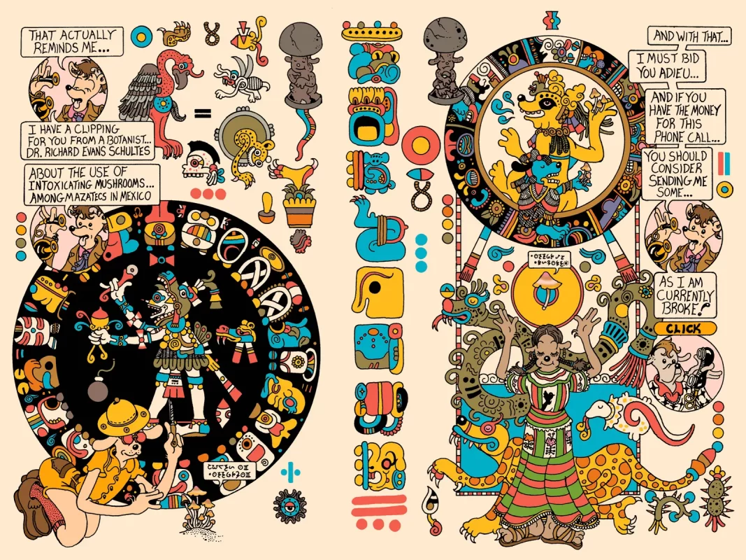 Colorful cartoon illustration of a botanist exploring magic mushrooms with Mayan deities, vibrant symbols, and a humorous dialogue about psychedelic use among the Mazatec in Mexico.