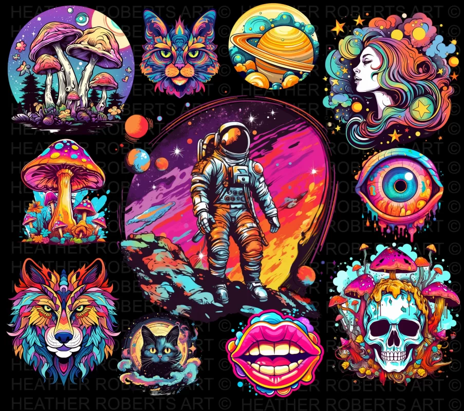 Vibrant psychedelic illustration featuring an astronaut, magic mushrooms, cosmic planets, a colorful cat, wolf, eye, skull, and lips, representing a psychonaut's journey through space and consciousness.